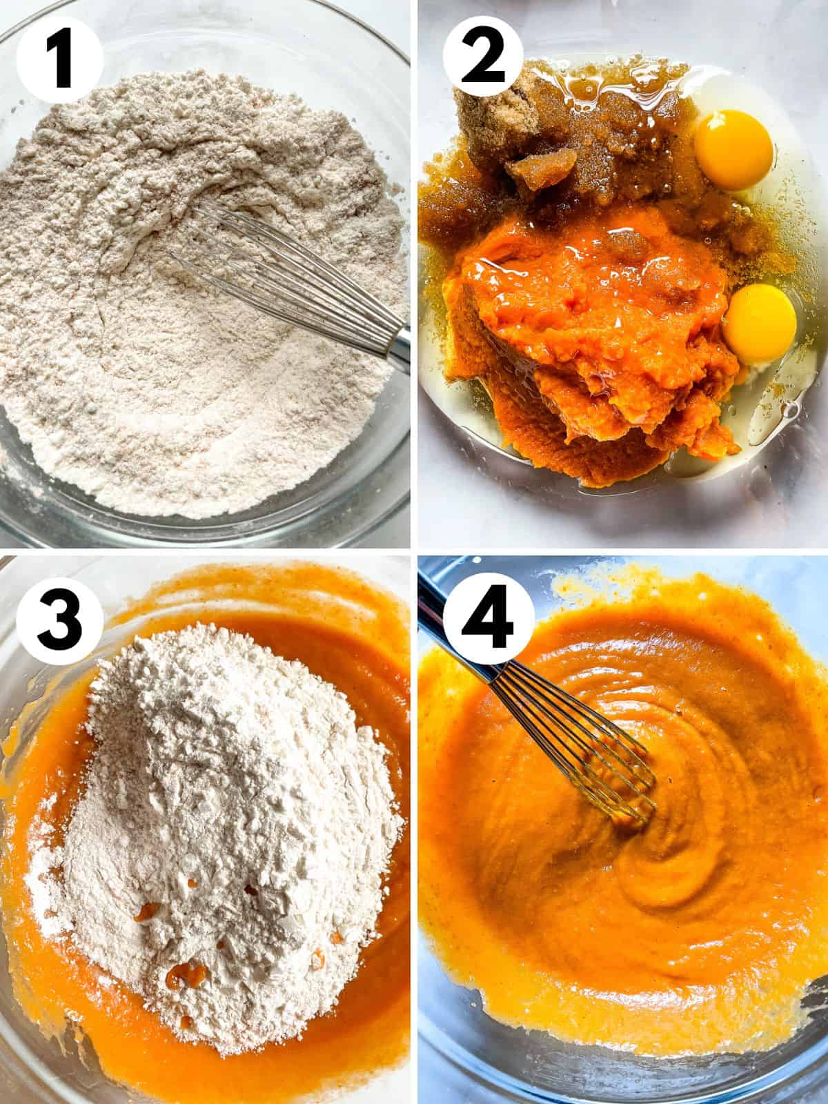 Whisking gluten-free flour and dry ingredients. 2. Wet ingredients and brown sugar in a bowl. 3. Adding gluten-free flour mixture to the wet ingredients. 4. Gluten-free pumpkin muffin batter.