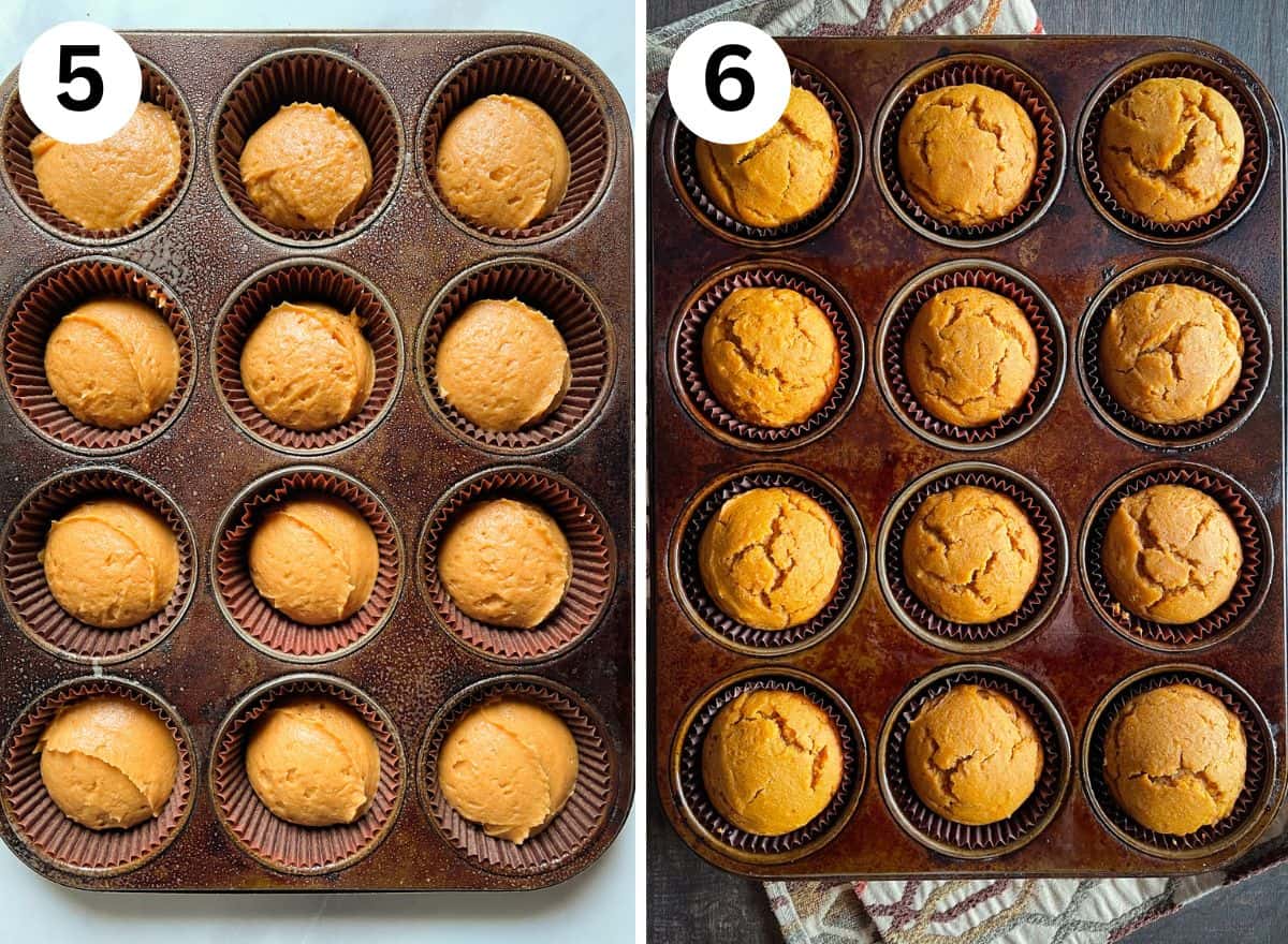 (left) Gluten-free pumpkin muffin in a pan. (right) Baked gluten-free pumpkin muffins.