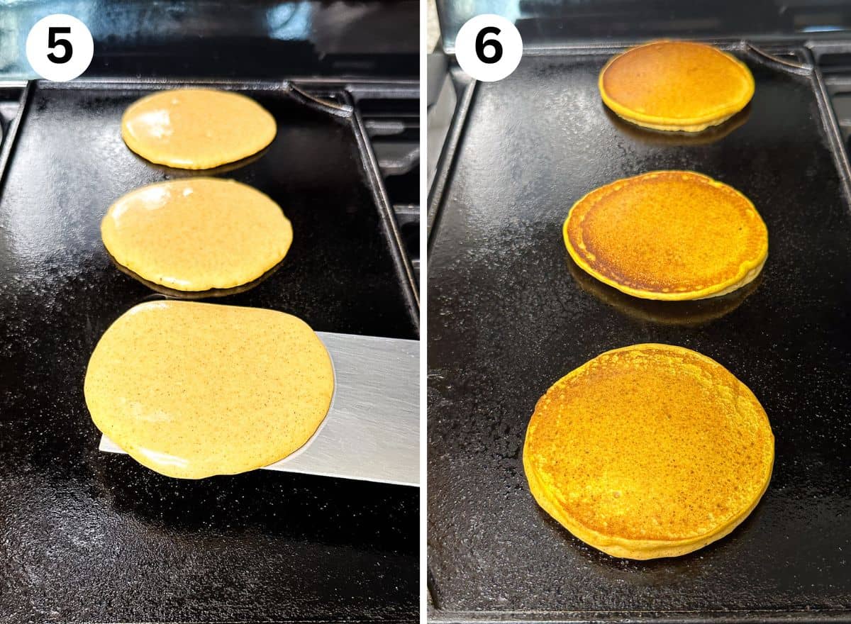 (left) Three gluten-free pumpkin pancakes on a griddle. The first one is about to be flipped. (right) Three flipped gluten-free pumpkin pancakes on a griddle.