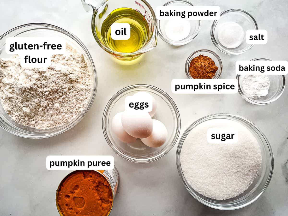 Ingredients for gluten-free pumpkin bread on the counter with labels.