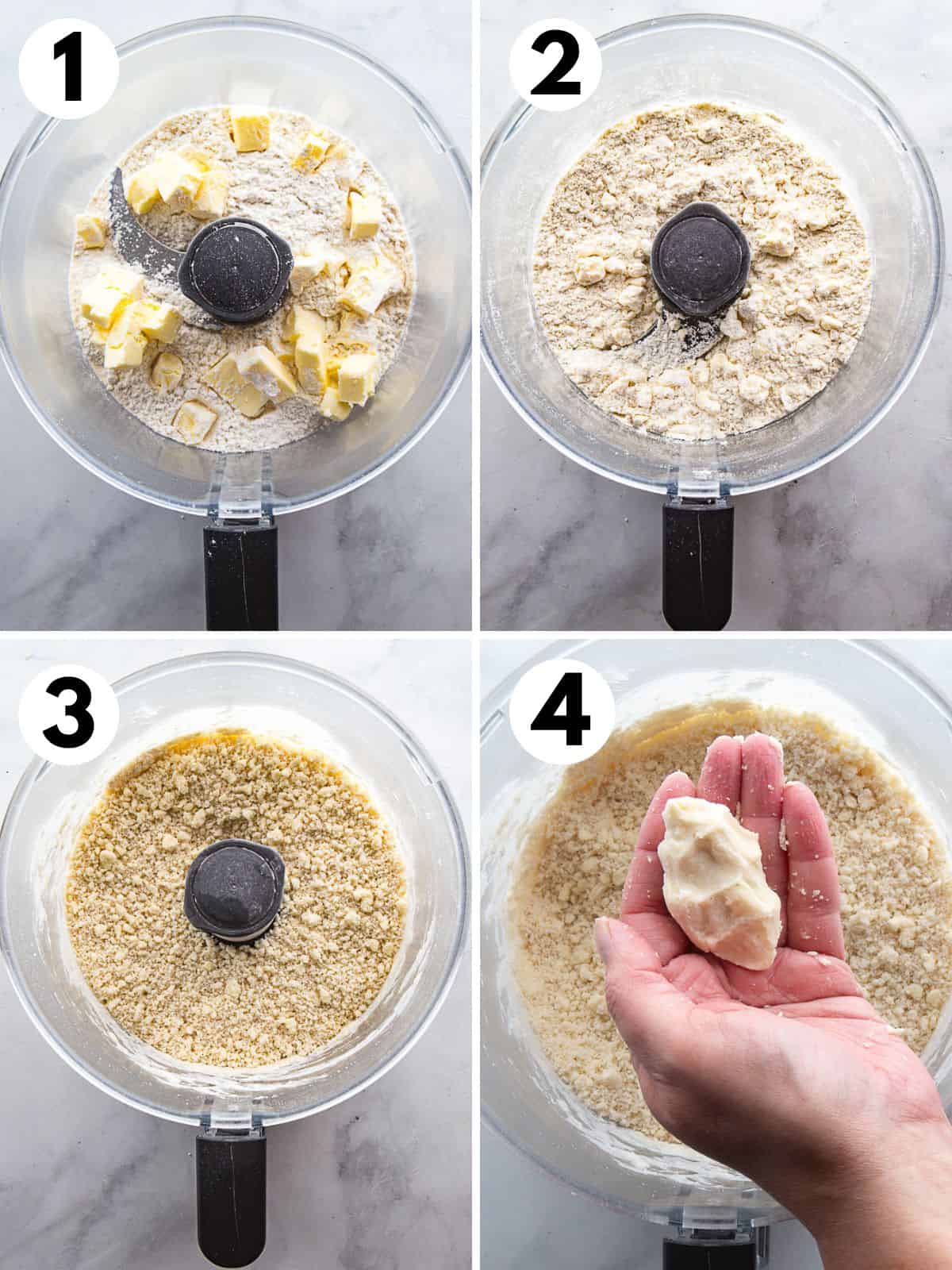 Four images showing the steps for making gluten-free pie dough. 1. Gluten-free flour and butter in the food processor. 2. Butter cut into the flour. 3. Dough looks crumbly. 4. A handful of dough is squeezed together.