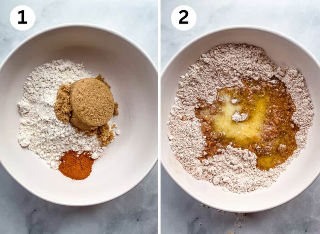 (left) Gluten-free flour, brown sugar, and cinnamon for crumb topping in a bowl. (right) Melted butter poured over the mixture.