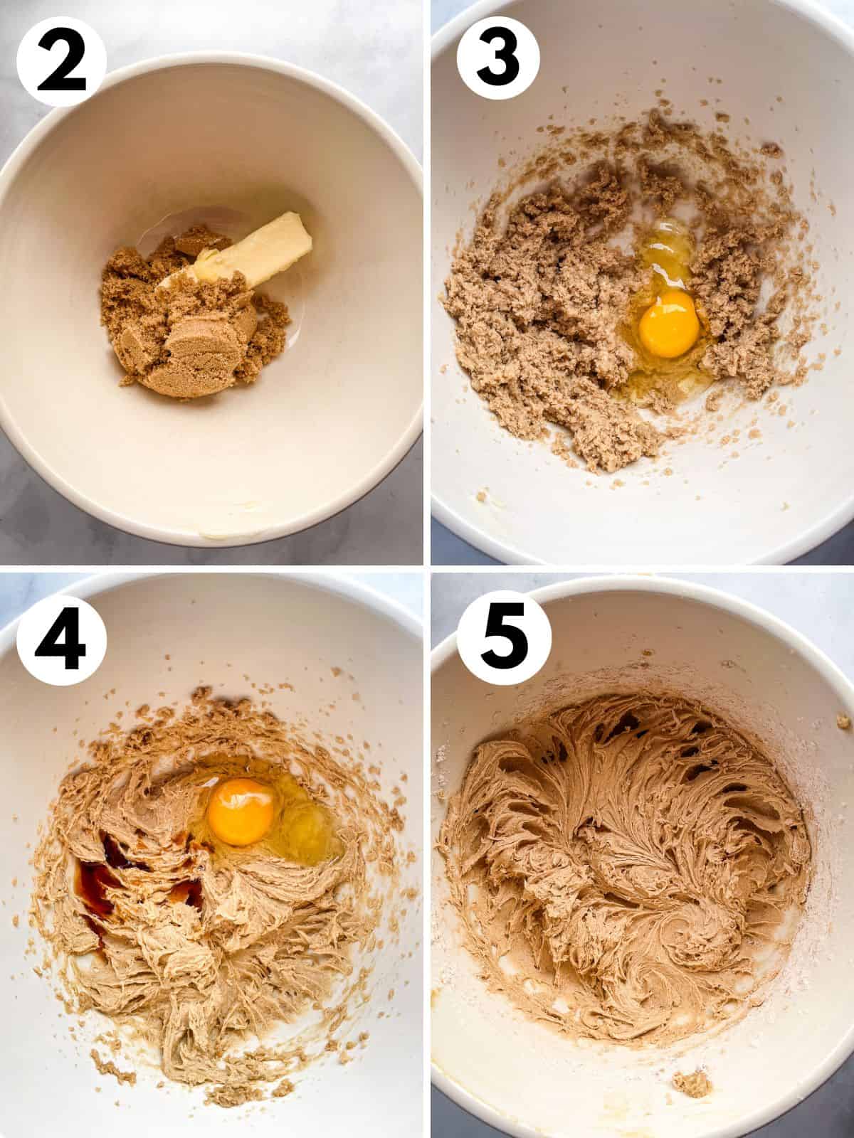 2. Softened butter and brown sugar in a mixing bowl. 3. Creamed butter with one egg on top. 4. Creamed butter with second egg and vanilla extract. 5. Fluffy creamed butter, sugar, and eggs.