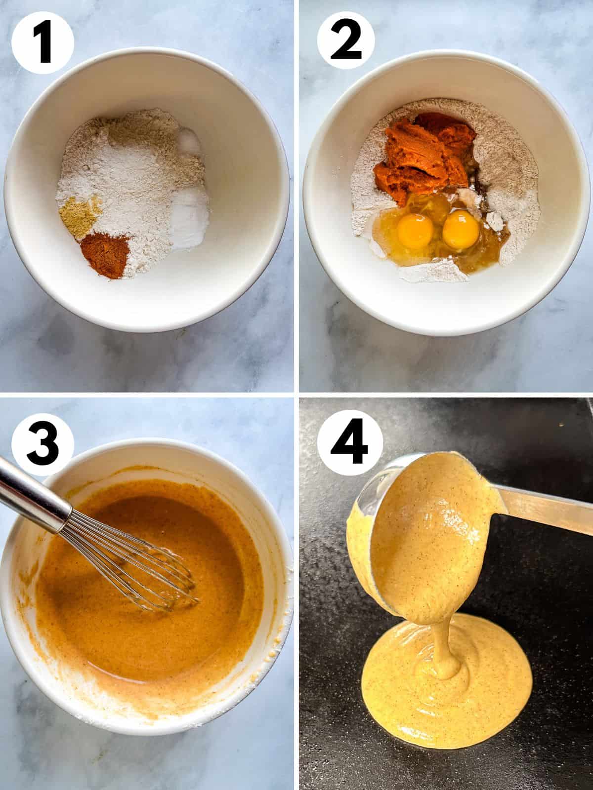 1. Dry ingredients for gluten-free pumpkin pancakes in a bowl. 2. Wet ingredients added to the bowl. 3. Gluten-free pumpkin pancake batter. 4. Spooning batter onto a griddle.