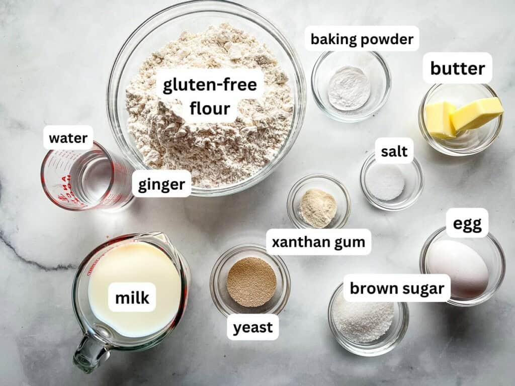 Gluten-free soft roll ingredients measured on the counter.