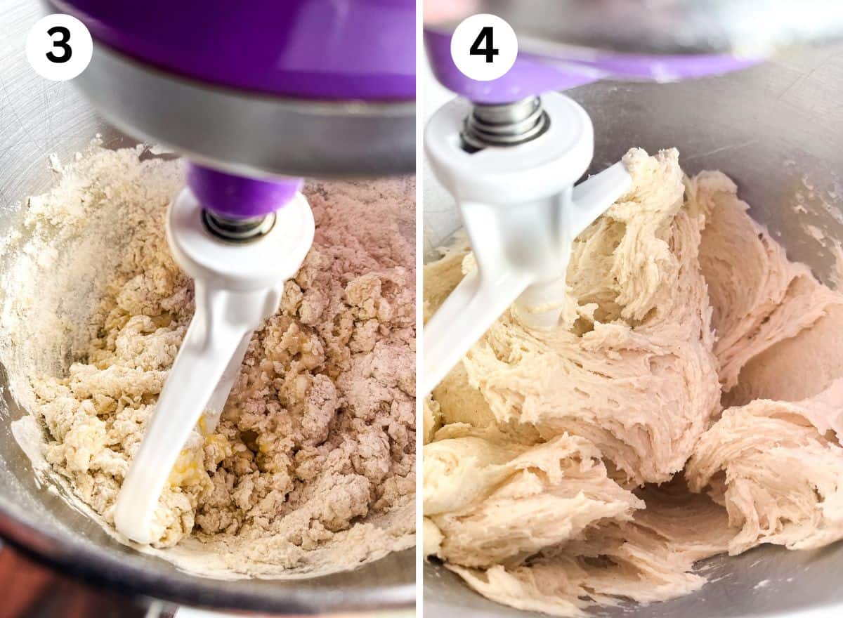 3. Soft roll dough starting to mix. It's crumbly. 4. Soft roll dough fully mixed. It's thick and smooth.