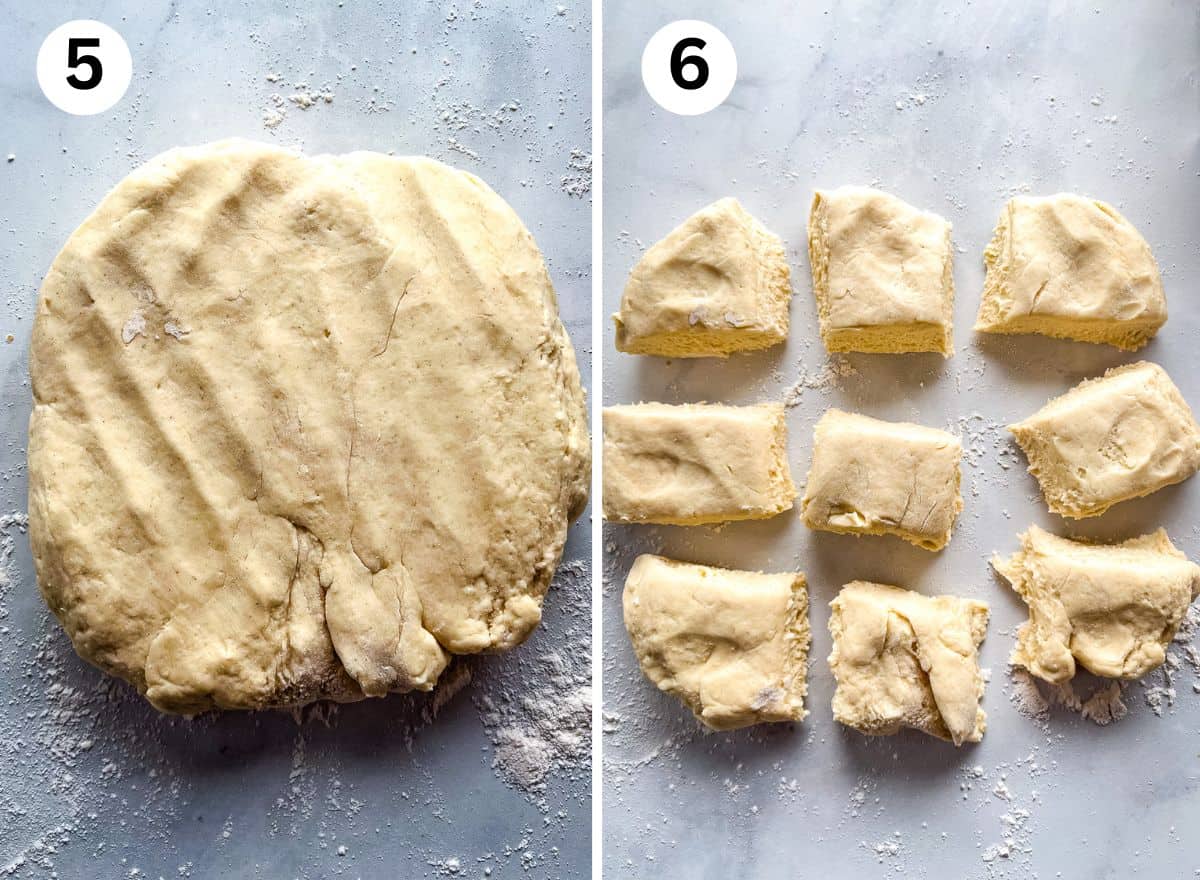 5. Gluten-free soft roll dough patted into a rectangle on the counter. 6. Dough cut into 6 pieces.