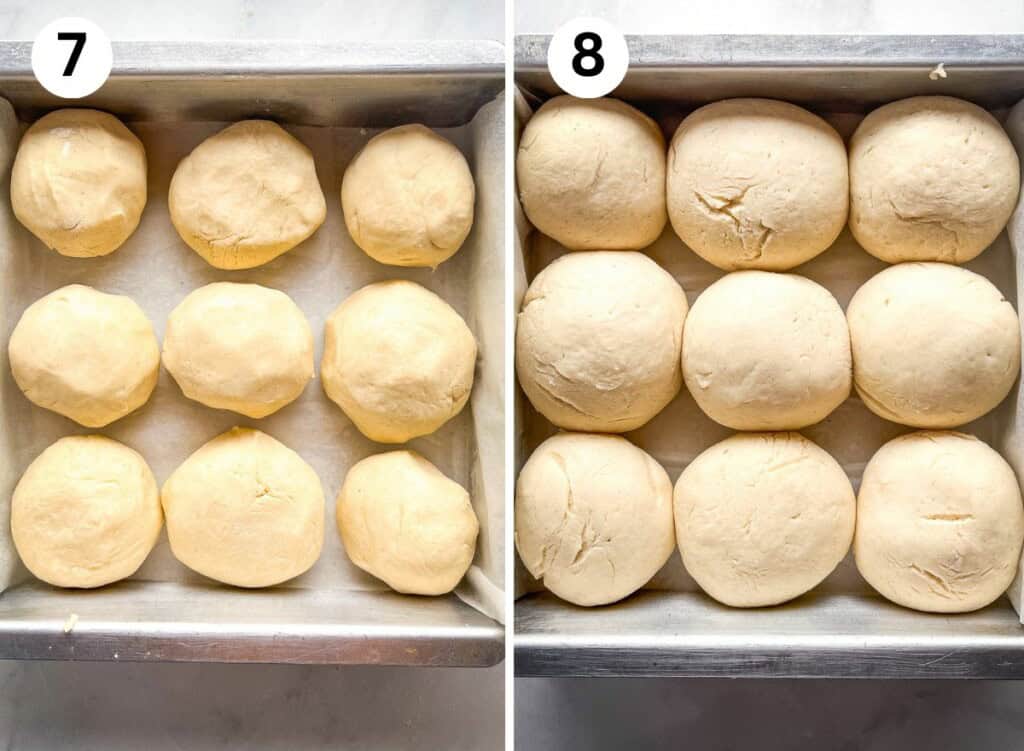 7. Rolls in a parchment-lined pan. 8. Risen rolls in the pan.