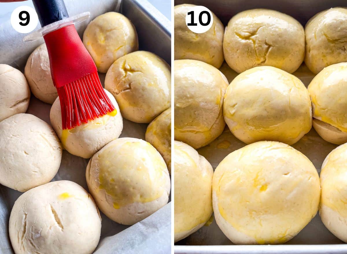 9. Brushing egg wash onto rolls with a red pastry brush. 10. Egg-washed rolls.