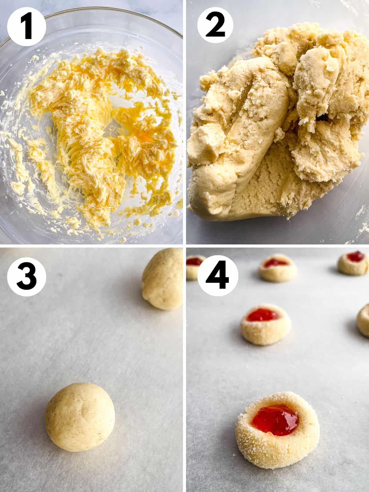 1. Creamed butter, sugar, and egg in a large bowl. 2. Gluten-free jam thumbprint dough. 3. Dough rolled into balls. 4. Dough with jam in center.