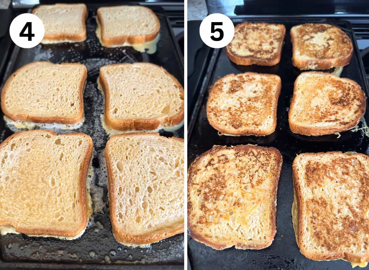 (left) Gluten-free French toast cooking on the griddle. (right) The French toast flipped and light brown.