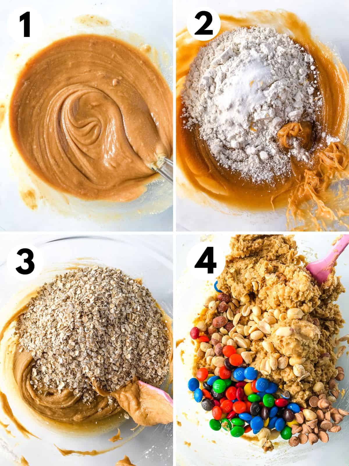 Steps for mixing gluten-free monster cookie dough. 1. Melted butter, brown sugar, and peanut butter mixed in a bowl. 2. Adding gluten-free flour, baking soda, and salt. 3. Gluten-free oats sitting on top of the dough. 4. Adding butterscotch chips, peanuts, and M&Ms.