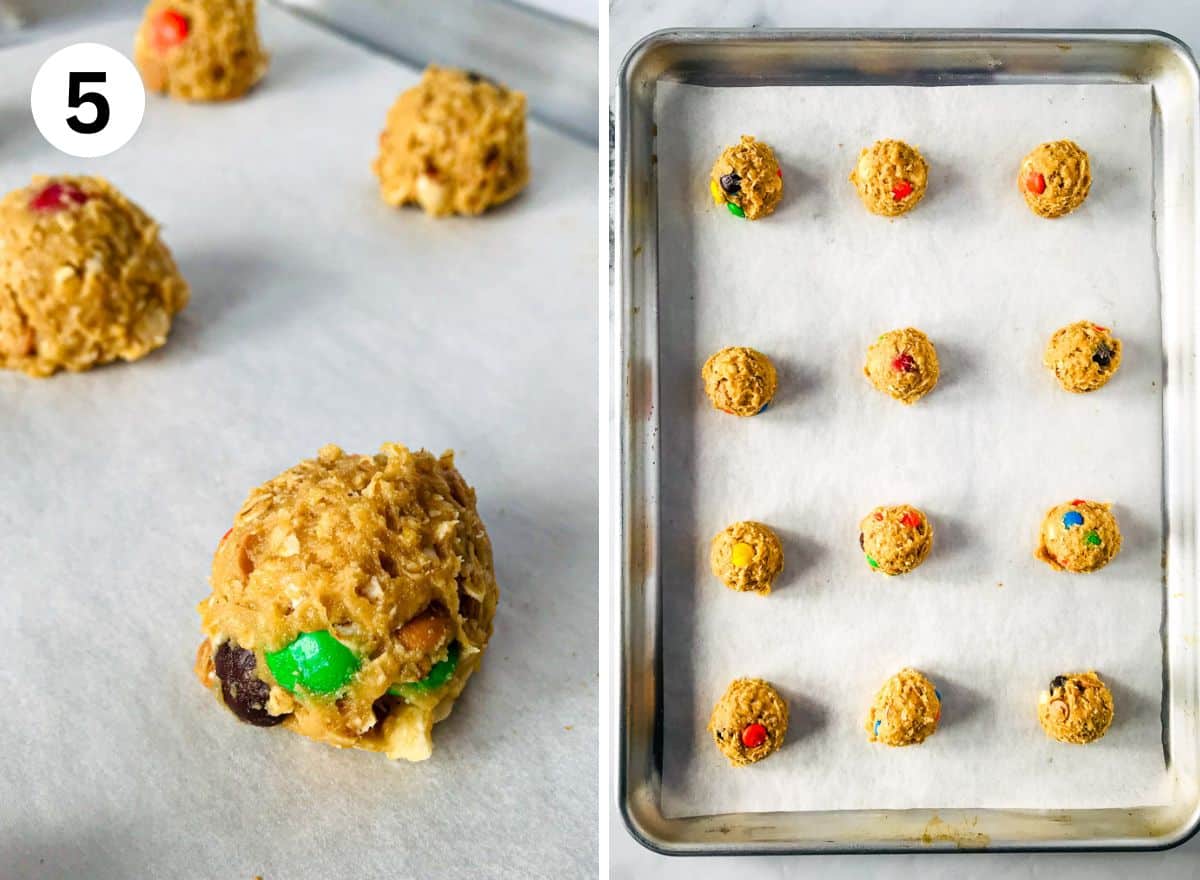 Gluten-free monster cookies on a sheet pan. (left) Dough close up. (right) 12 cookies on a pan.