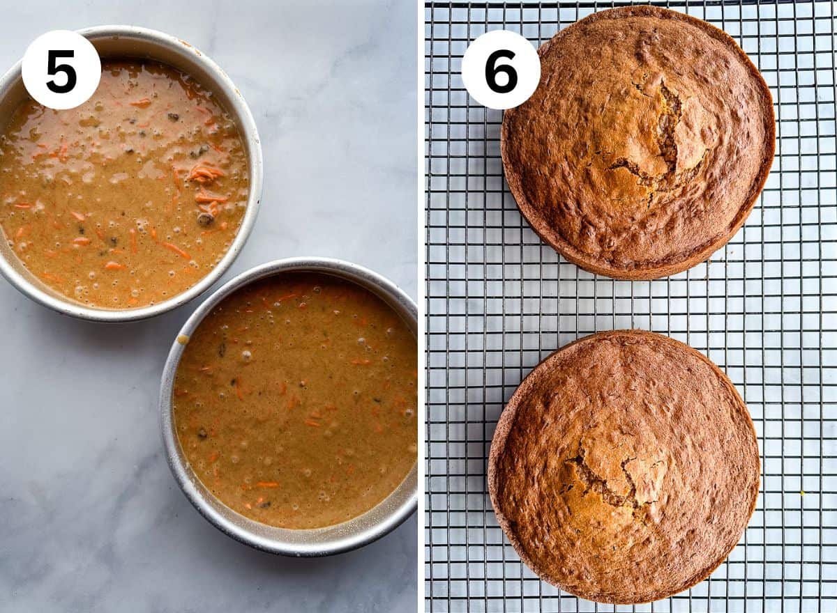 (left) Gluten-free carrot cake batter in two round cake pans. (right) Two gluten-free carrot cakes cooling on a wire rack.