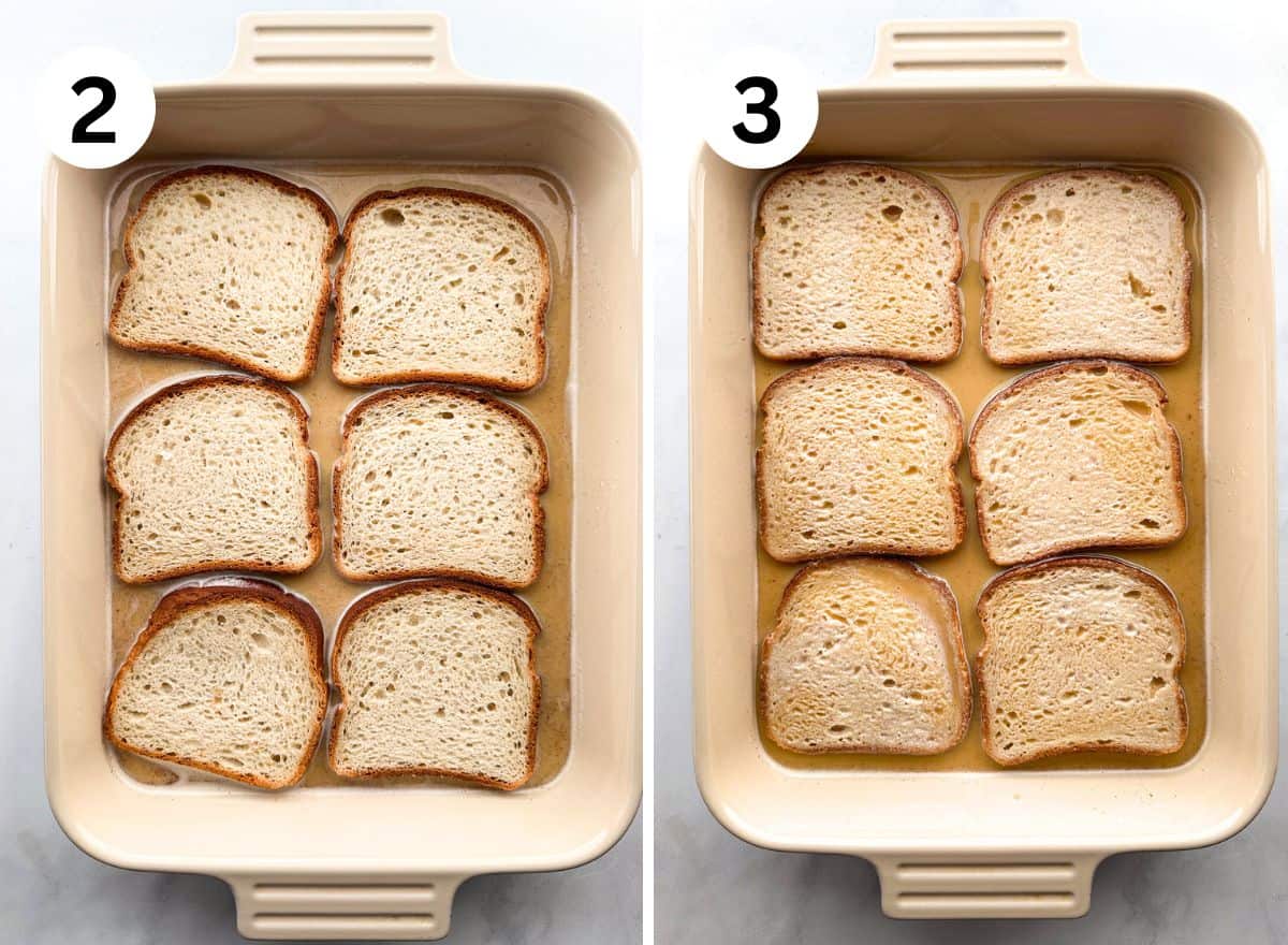 (left) Six slices of gluten-free bread soaking in a custard. (right) The slices flipped over in the custard.