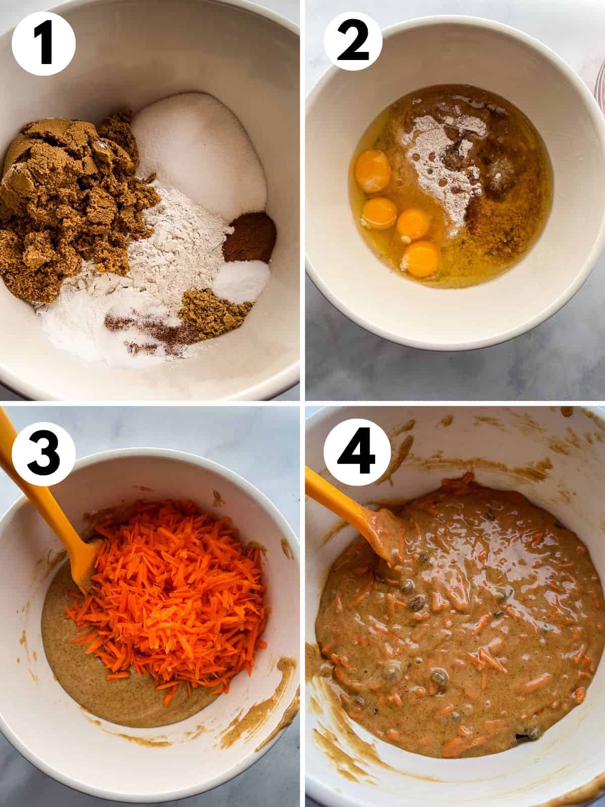 1. Dry ingredients for gluten-free carrot cake in a mixing bowl. 2. Wet ingredients added to the bowl. 3. Shredded carrots added to the batter. 4. Gluten-free carrot cake batter in the mixing bowl.