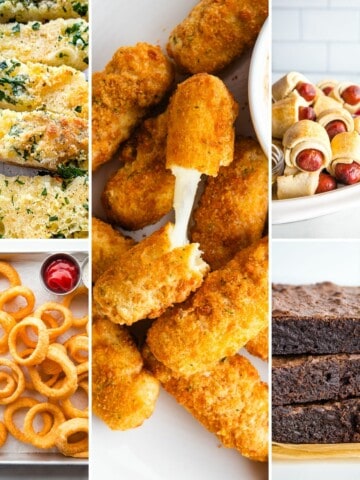 Gluten-free game day foods. (clockwise) Garlic bread. Mozzarella sticks. Pigs in a blanket. Brownies. Onion rings.