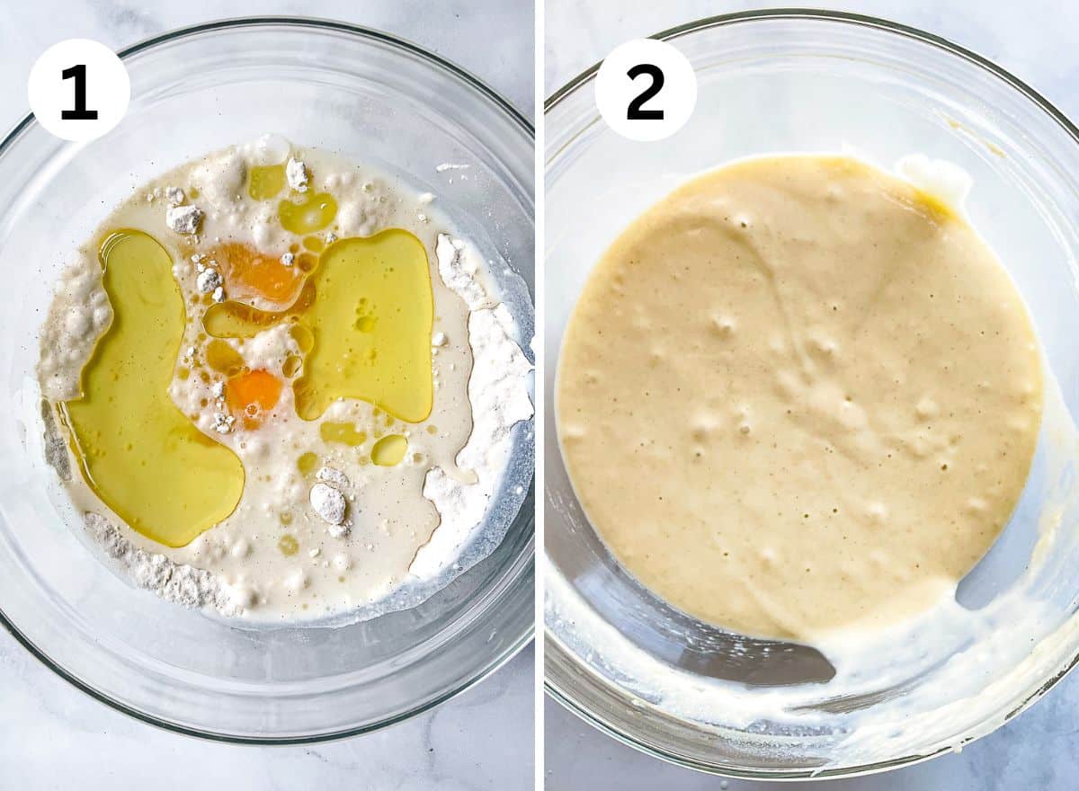 (left) Ingredients for gluten-free waffle batter in a bowl. (right) Gluten-free waffle batter.