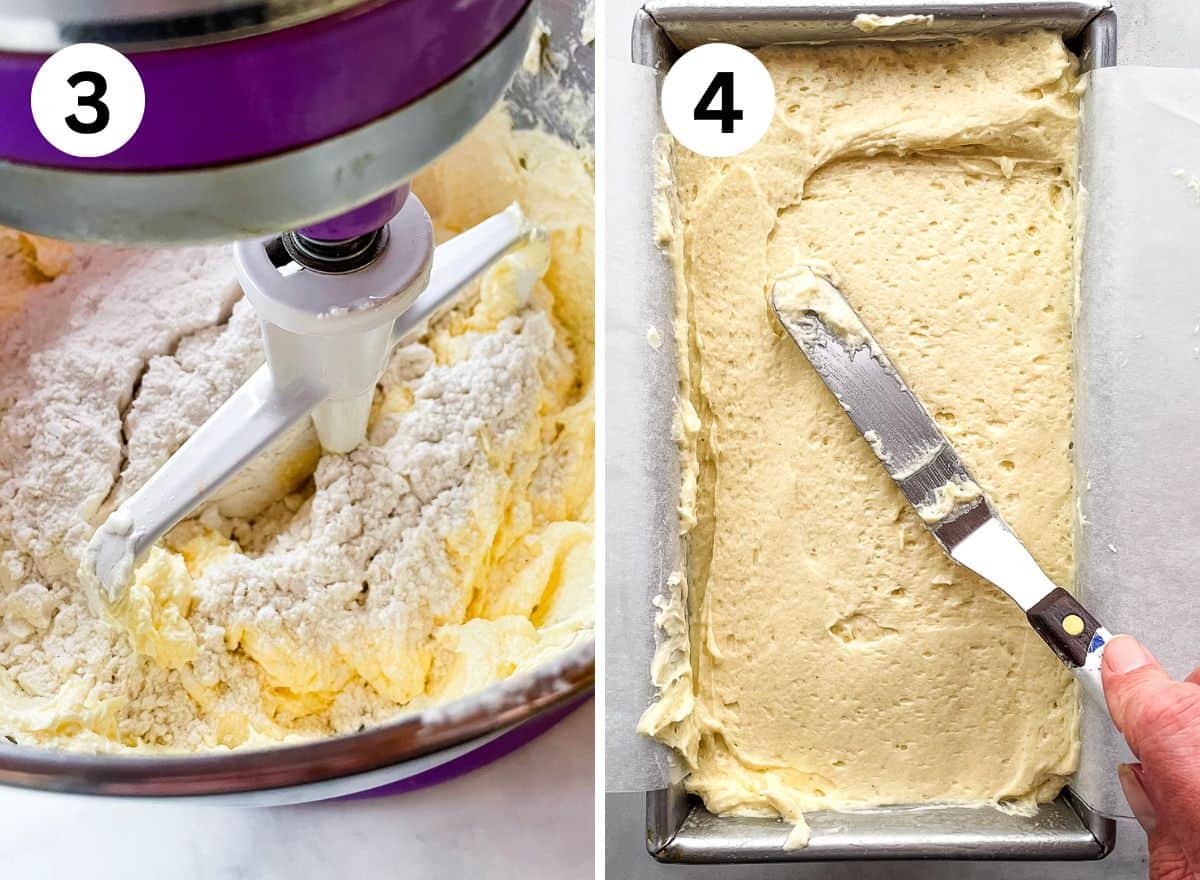 3. Adding gluten-free flour to butter-sugar mixture for pound cake. 4. Spreading batter in a parchment-lined loaf pan.