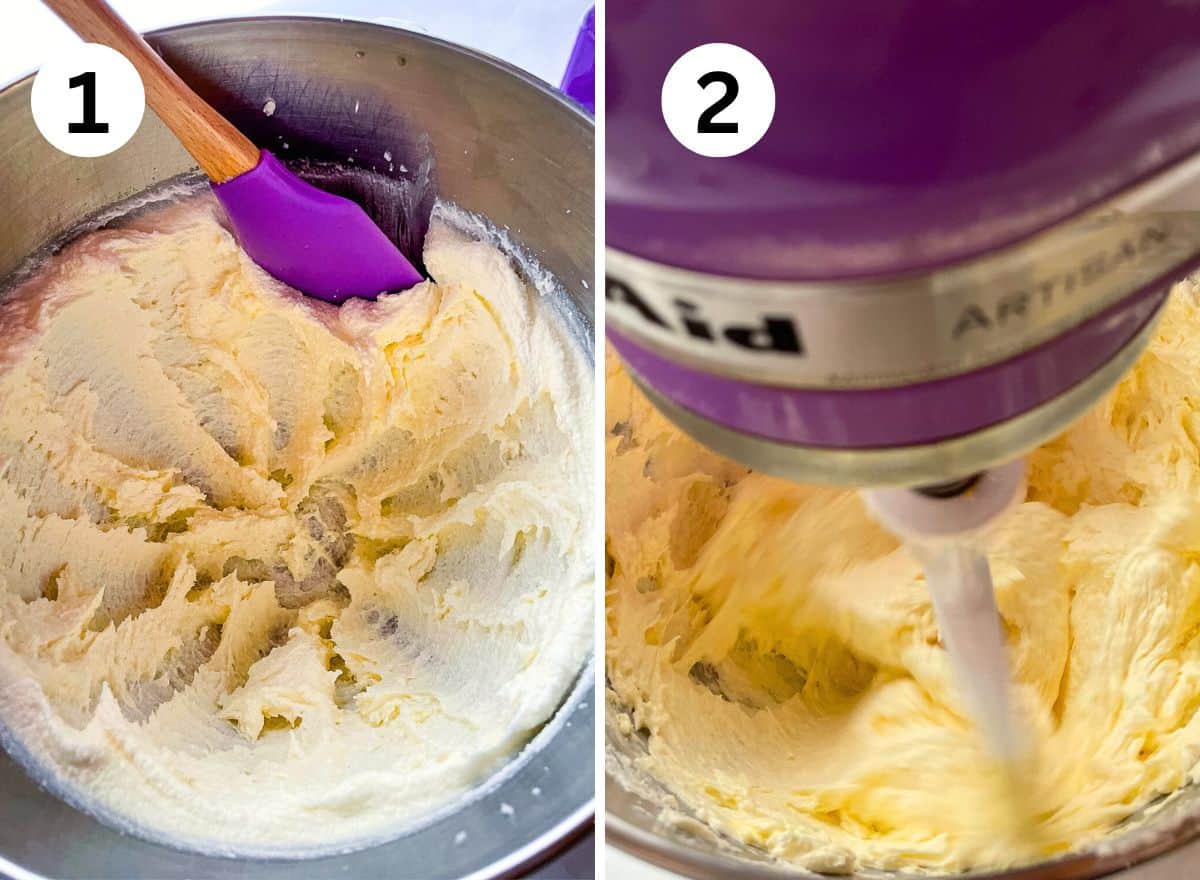 1. Scraping butter from the side of a mixing bowl. 2. Butter, sugar, eggs mixing in a bowl.