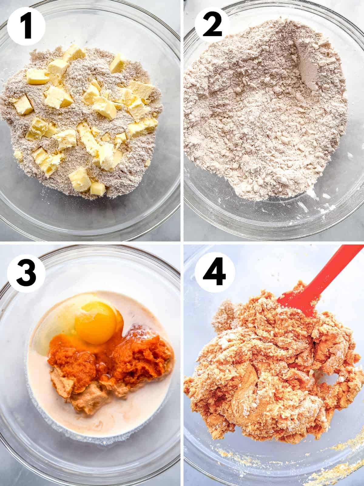 1. Cubes of cold butter on gluten-free flour mixture in a glass bowl. 2. Butter cut into the flour mixture. 3. Small bowl filled with pumpkin puree, an egg, half and half and vanilla extract. 4. Gluten-free pumpkin scone dough mixed with an orange spatula.