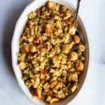 Gluten Free Stuffing in a casserole dish.