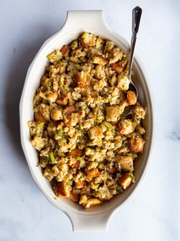 Gluten Free Stuffing in a casserole dish.