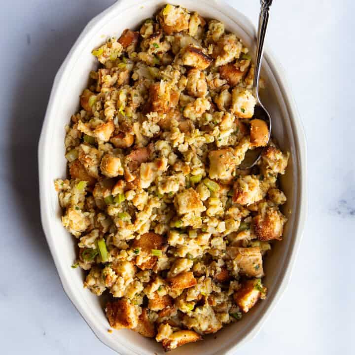 Gluten Free Stuffing in a casserole dish.