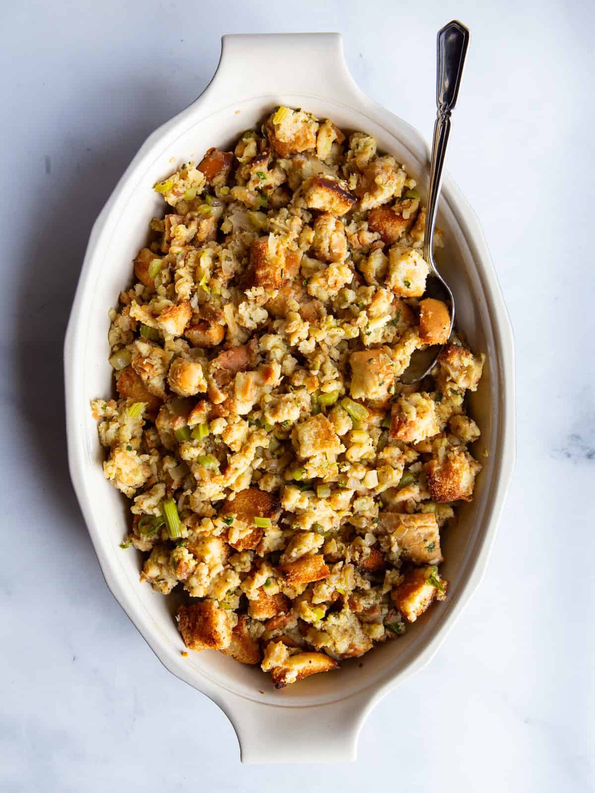 Gluten Free Stuffing in a casserole dish.