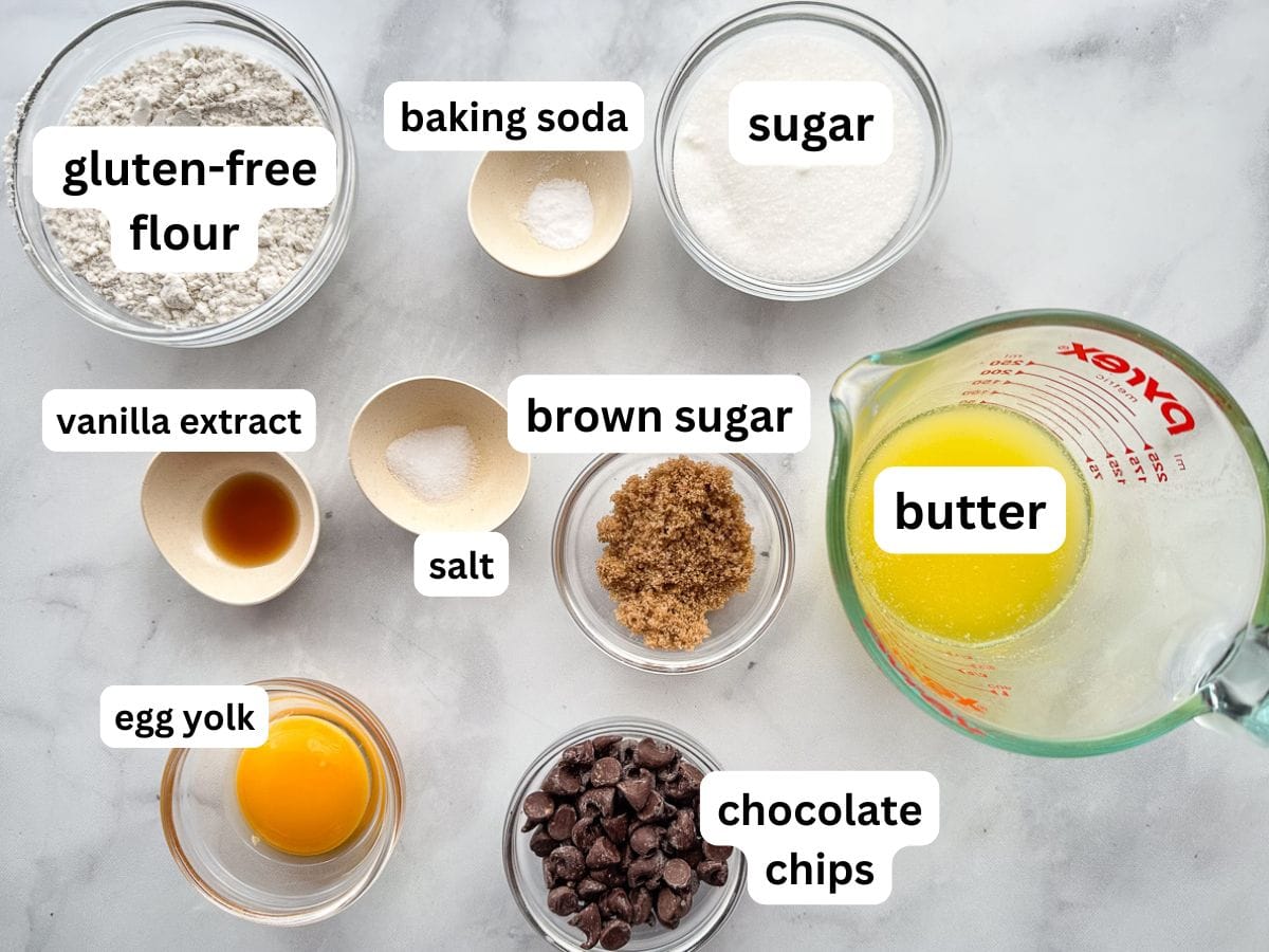 Ingredients for gluten-free chocolate chip cookies.