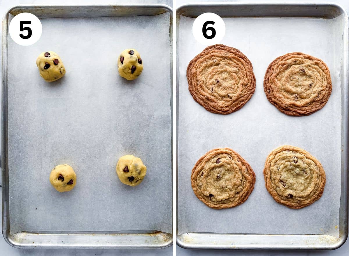 5. Four gluten-free dough balls on a baking sheet. 6. Four baked gluten-free chocolate chip cookies. The cookies are thin and the edges are wrinkled.