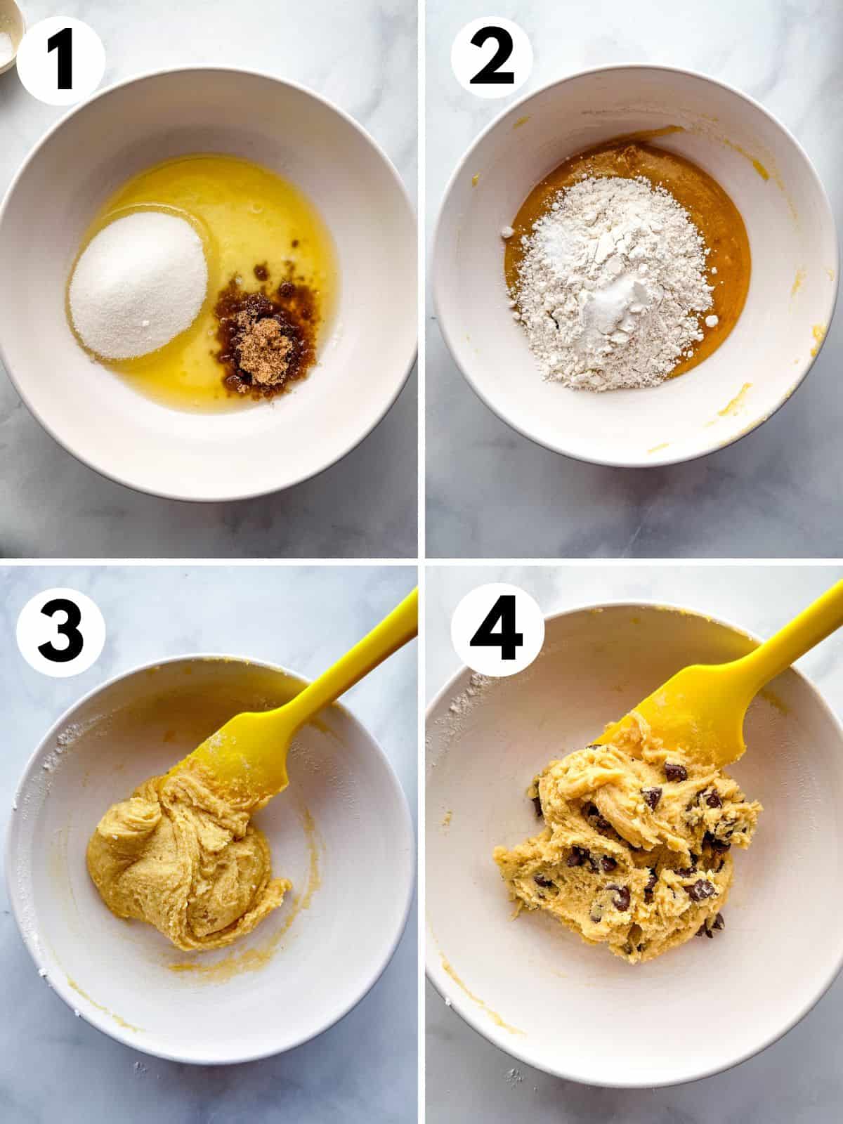 Steps for making a small batch of gluten-free chocolate chip cookies. 1. Butter and sugars in a small bowl. 2. Gluten-free flour on top of the mixture. 3. The dough mixed together with a yellow spatula. 4. Chocolate chips mixed into the dough.