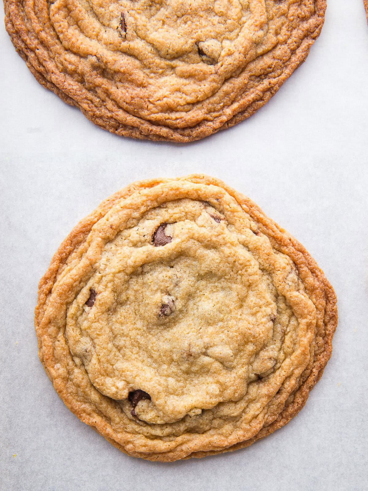 Two large gluten-free chocolate chip cookies on a pan. The edges of the cookies are wrinkled. 