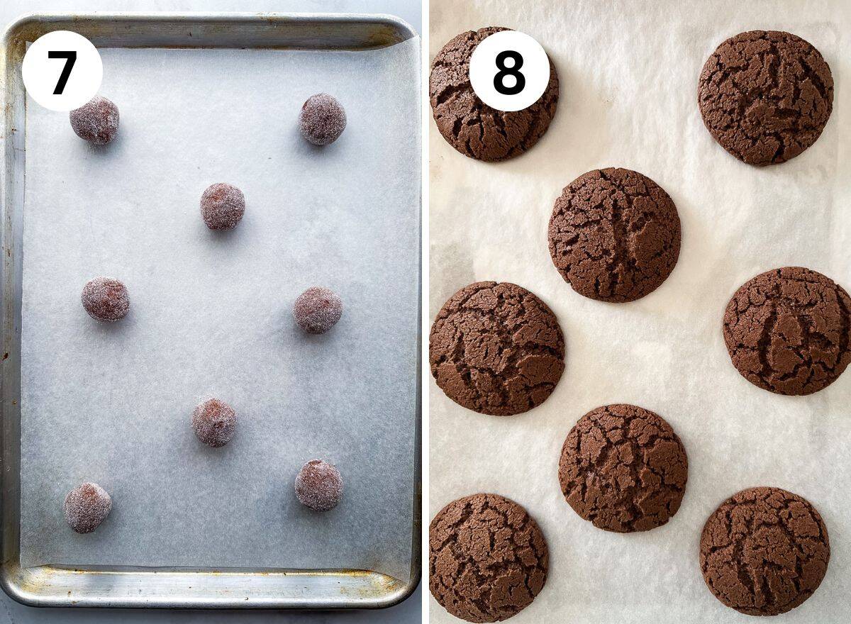 7. Balls of gluten-free chocolate sugar cookie dough, coated in sugar, on a parchment-lined pan. 8. Baked cookies. They are puffed with deep cracks all over the surface.