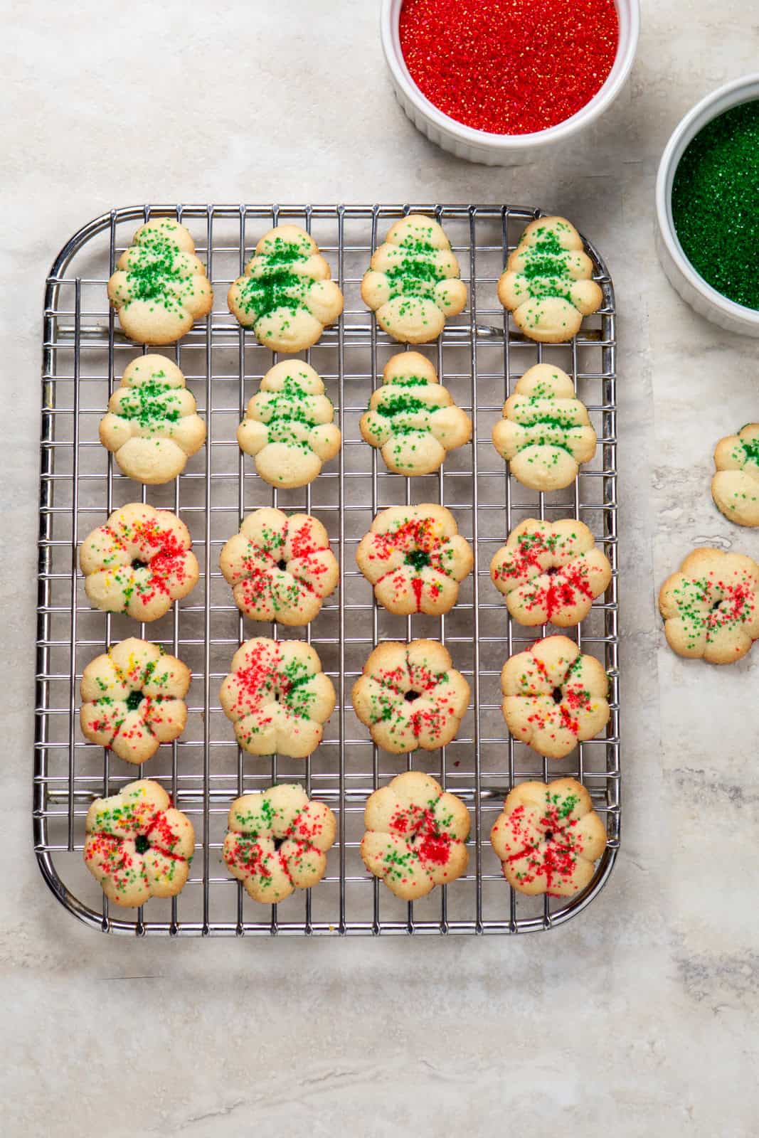 Gluten-Free spritz cookies on a cooling rack.