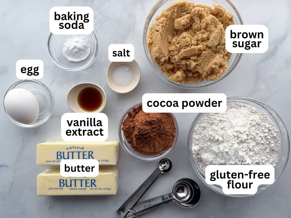 Ingredients for gluten-free chocolate sugar cookies on the counter.