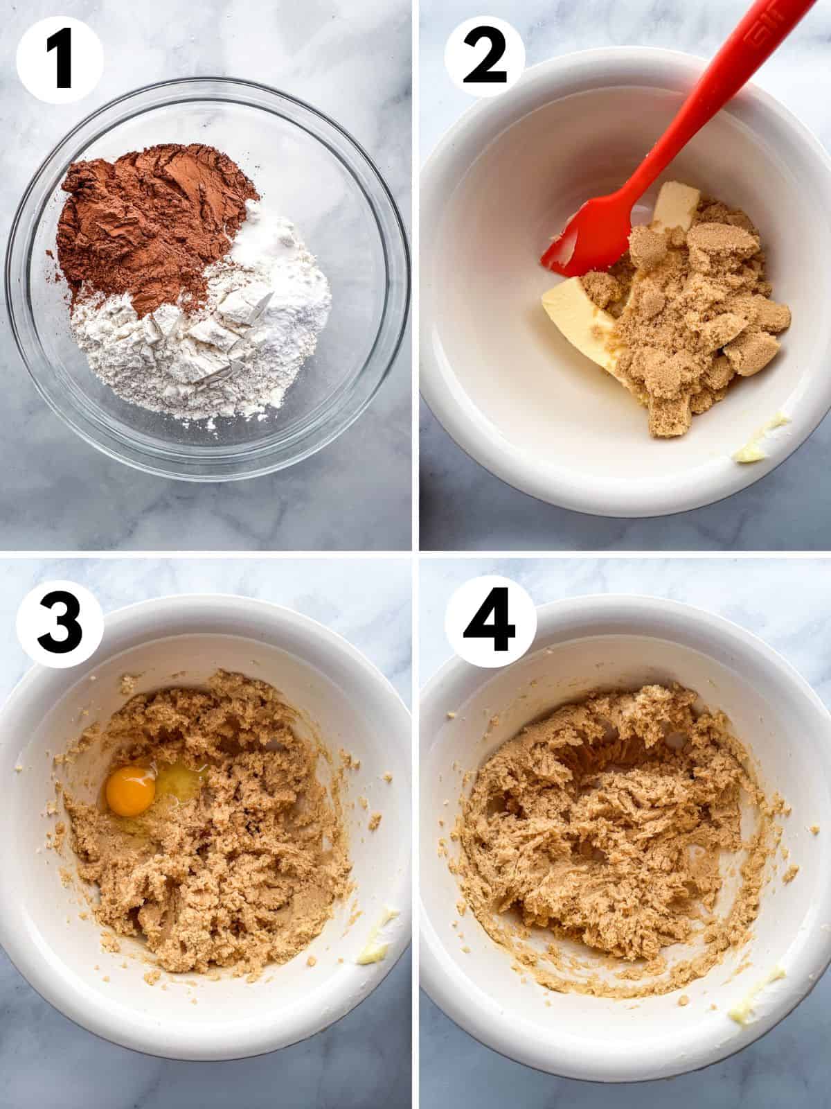 1. Dry ingredients for gluten-free chocolate sugar cookies in a bowl. 2. Butter and brown sugar in a bowl. 3. Egg sitting on top of creamed sugar and butter. 4. Fluffy butter-sugar-egg mixture.