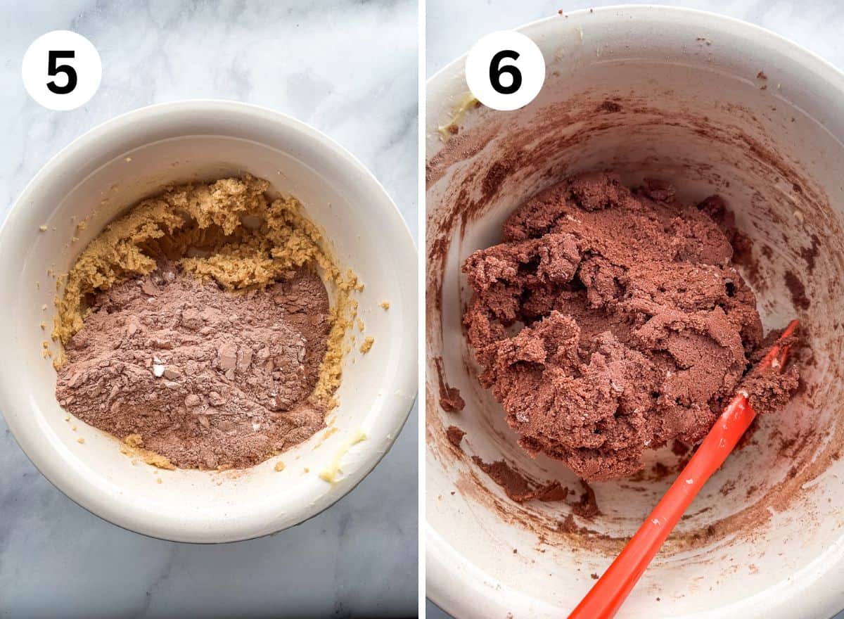 5. Dry ingredients sitting on top of creamed butter-sugar-egg. 6. Gluten-free chocolate sugar cookie dough.