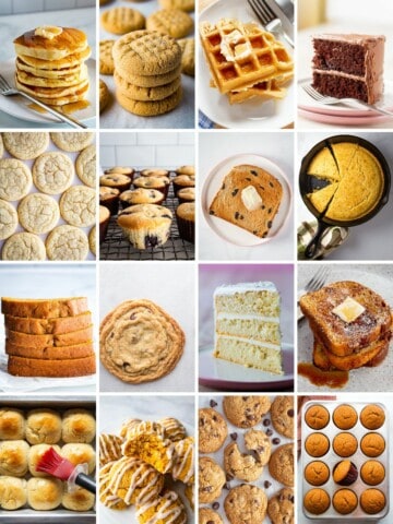 Collage of images for gluten-free snow day recipes. Top row: pancakes, peanut butter cookies, waffles, chocolate cake. Second row: sugar cookies, blueberry muffins, cinnamon bread, cornbread. Third row: pumpkin bread, chocolate chip cookie, white cake, French toast. Fourth row: soft rolls, pumpkin cookies, chocolate chip cookies, pumpkin muffins.