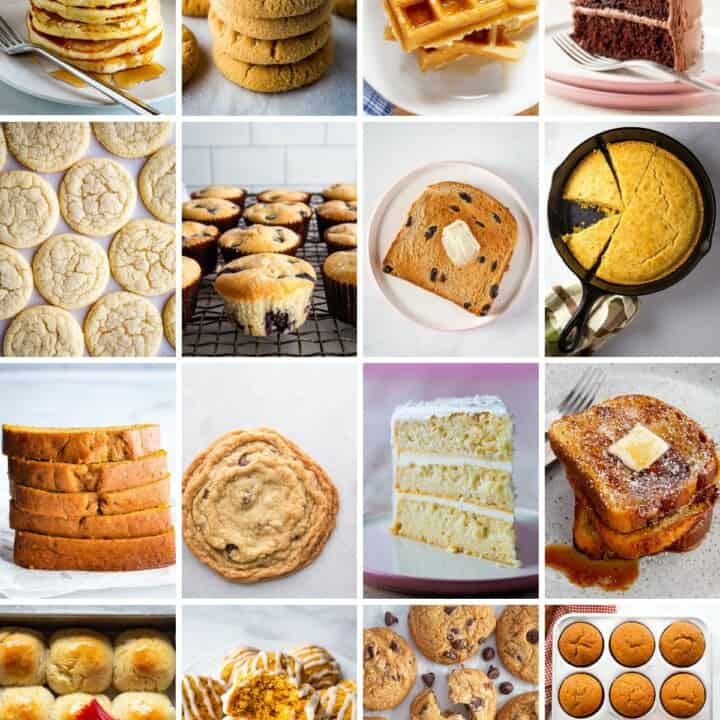 Collage of images for gluten-free snow day recipes. Top row: pancakes, peanut butter cookies, waffles, chocolate cake. Second row: sugar cookies, blueberry muffins, cinnamon bread, cornbread. Third row: pumpkin bread, chocolate chip cookie, white cake, French toast. Fourth row: soft rolls, pumpkin cookies, chocolate chip cookies, pumpkin muffins.