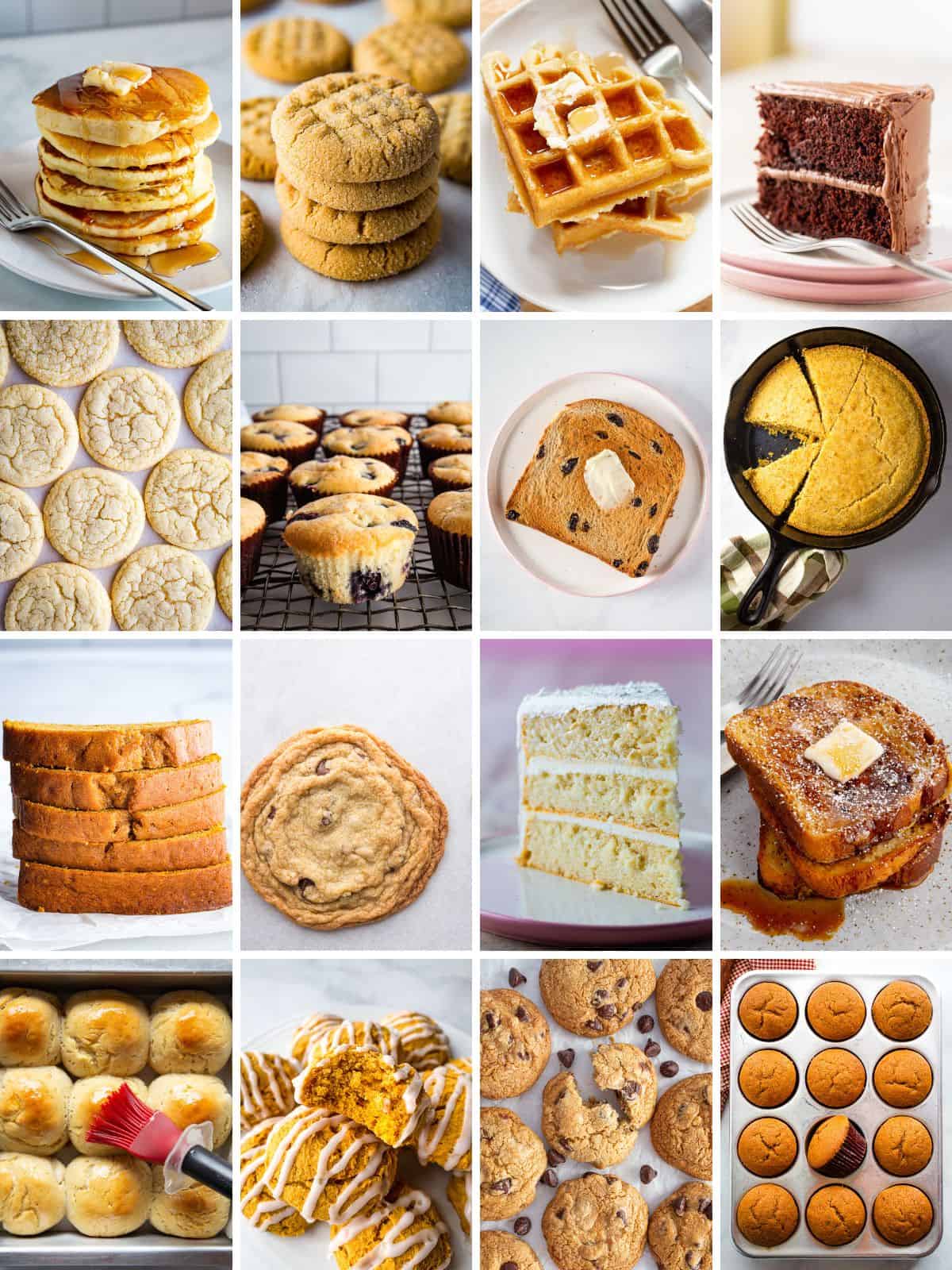 Collage of images for gluten-free snow day recipes. Top row: pancakes, peanut butter cookies, waffles, chocolate cake. Second row: sugar cookies, blueberry muffins, cinnamon bread, cornbread. Third row: pumpkin bread, chocolate chip cookie, white cake, French toast. Fourth row: soft rolls, pumpkin cookies, chocolate chip cookies, pumpkin muffins.
