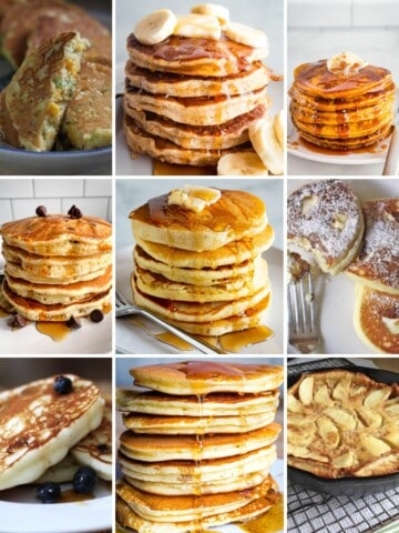 Nine gluten-free pancakes on plates. Top row: scallion corn, banana, pumpkin. Middle row: chocolate chip, classic, cream cheese. Bottom row: ricotta, almond flour, Dutch apple.