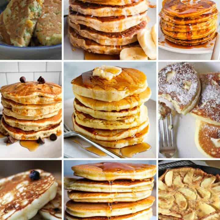 Nine gluten-free pancakes on plates. Top row: scallion corn, banana, pumpkin. Middle row: chocolate chip, classic, cream cheese. Bottom row: ricotta, almond flour, Dutch apple.