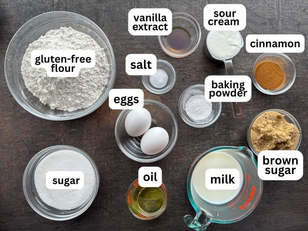 Ingredients for gluten-free cinnamon swirl bread in bowls on the counter.