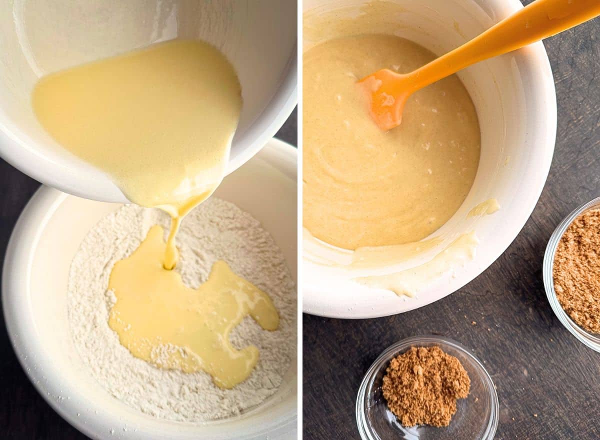 (left) Pouring whisked wet ingredients into dry ingredients. (right) Bowl of batter. Two small bowls filled with topping and filling.